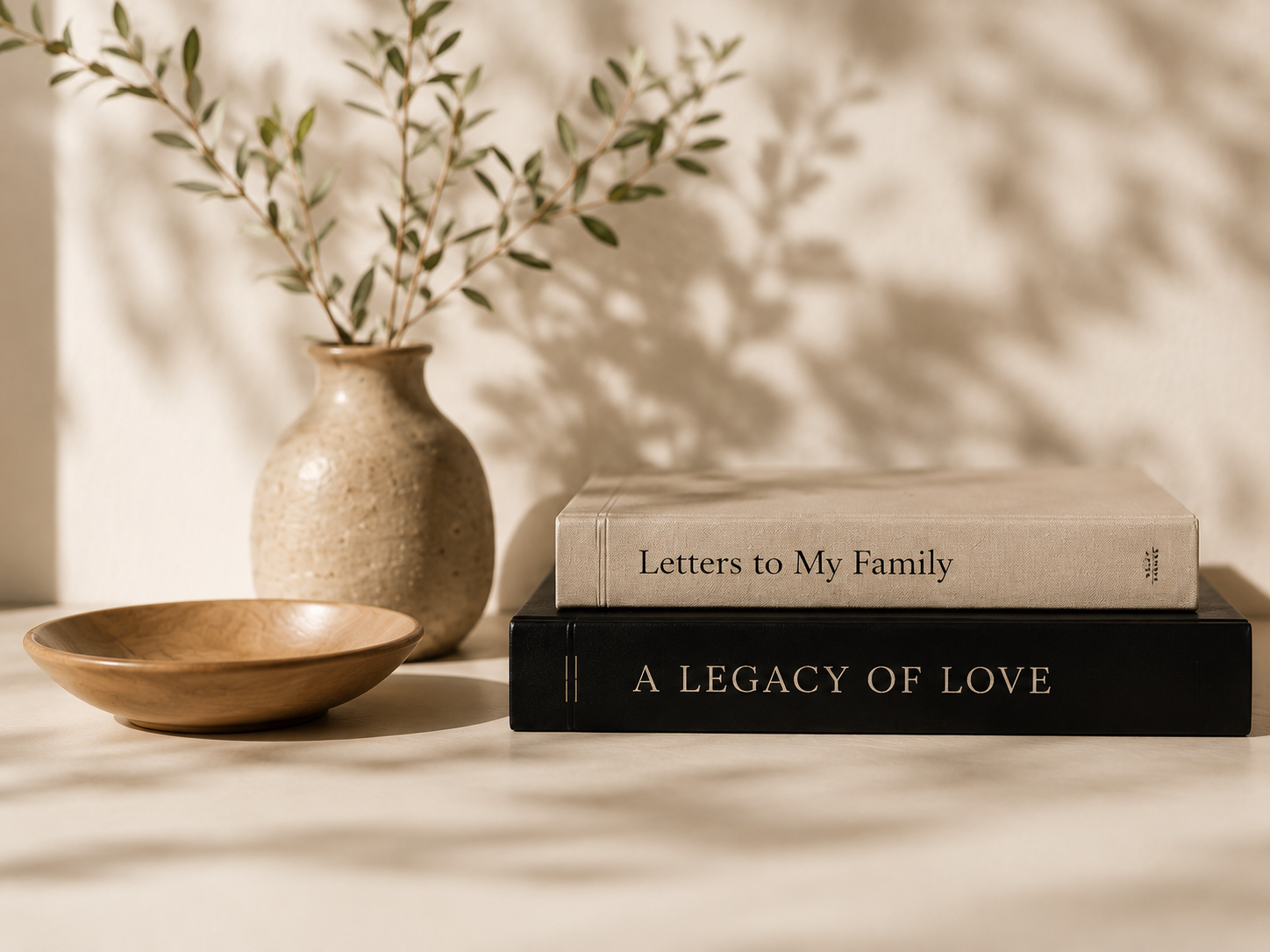Two keepsake books titled Letters to My Family and A Legacy of Love beside a ceramic vase